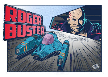 1boy action aircraft artist_name bald border character_name close-up closed_mouth f-zero f-zero_gx flying_car high_collar highres hover_vehicle jrcomicart looking_at_viewer mighty_hurricane motion_lines nintendo race_vehicle roger_buster science_fiction solo speed_lines vehicle_focus white_border