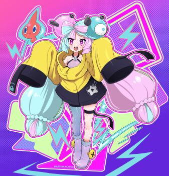 1girl black_shorts blush boots character_hair_ornament collarbone commentary_request full_body gen_4_pokemon green_hair hair_ornament hands_up highres iono_(pokemon) jacket knees long_hair long_sleeves looking_at_viewer low-tied_long_hair nashirasauce nintendo open_mouth outline pokemon pokemon_(creature) pokemon_sv purple_boots purple_eyes purple_hair purple_shirt rotom rotom_(normal) sharp_teeth shirt shorts single_leg_pantyhose sleeveless sleeveless_shirt sleeves_past_fingers sleeves_past_wrists solo star-shaped_pupils star_(symbol) symbol-shaped_pupils teeth thigh_strap tongue twintails upper_teeth_only yellow_jacket