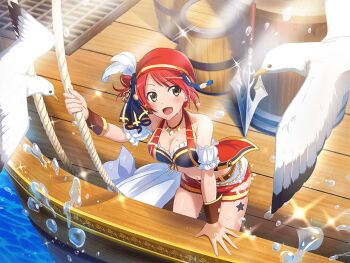 1girl bandana barrel bird breasts brown_eyes cleavage game_cg hair_ornament holding holding_rope kano_misora leaning_forward looking_at_viewer medium_breasts official_art open_mouth pirate pirate_ship polearm red_bandana red_hair rope seagull short_hair shoujo_kageki_revue_starlight shoujo_kageki_revue_starlight_-re_live- solo spear standing upper_body water_drop weapon