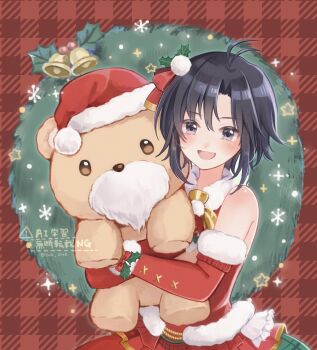 1girl absurdres antenna_hair black_eyes black_hair checkered_background christmas_wreath commentary_request dress elbow_gloves gloves hat highres holding holding_stuffed_toy idolmaster idolmaster_(classic) kikuchi_makoto long_hair open_mouth red_background red_dress red_gloves santa_costume santa_hat shirako_(srk_srtk) short_hair smile solo stuffed_animal stuffed_toy teddy_bear upper_body watermark wreath