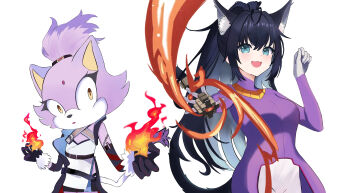 absurdres animal_ears animal_nose arknights asymmetrical_clothes black_hair blaze_(arknights) blaze_(arknights)_(cosplay) blaze_the_cat blaze_the_cat_(cosplay) blaze_the_igniting_spark_(arknights) blue_eyes cat_ears cat_girl cat_tail chest_harness commentary commission commissioner_upload cosplay costume_switch crossover english_commentary fire forehead_jewel furry furry_female harness highres jacket multiple_girls name_connection non-web_source ponytail power_connection purple_fur purple_jacket shutinjellyfish sonic_(series) tail white_background yellow_eyes