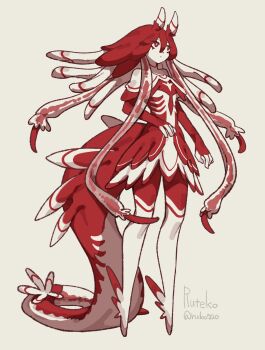 1girl colored_skin commentary dress highres long_hair looking_to_the_side monster_girl no_feet original red_dress red_eyes red_hair red_skin ruteko_(ruko220) simple_background solo standing tail tentacle_hair thick_tail very_long_hair very_long_tail yellow_background
