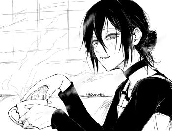 1girl apron chainsaw_man choker coffee_mug commentary_request cup greyscale hair_between_eyes hair_bun highres looking_at_viewer madaosw medium_hair monochrome mug parted_lips reze_(chainsaw_man) shirt solo steaming_cup twitter_username window