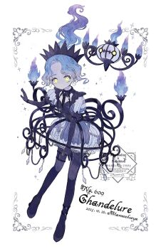 1girl blue_fire blue_hair chandelure chandelure_(cosplay) cosplay crown dress fire floating floating_hair full_body gen_5_pokemon highres humanization looking_at_viewer middle_part narumame nintendo parted_bangs pokemon see-through_clothes simple_background white_background yellow_eyes