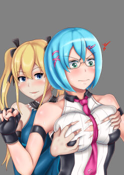 2girls aqua_eyes arm_warmers artist_request bare_shoulders blonde_hair blue_eyes blue_hair blush breasts dead_or_alive dead_or_alive_6 deep_skin embarrassed fingerless_gloves glasses gloves grabbing_another&#039;s_breast groping hair_ornament hair_ribbon hairclip highres large_breasts leotard long_hair marie_rose multiple_girls naughty_face necktie nico_(doa) open_mouth ribbon shiny_clothes shiny_skin short_hair smile surprised sweat torn_clothes twintails wavy_mouth yuri