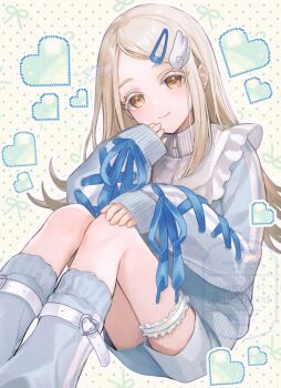 1girl belt bib_collar blonde_hair blue_jacket blue_ribbon blue_shorts blush closed_mouth colored_eyelashes commentary_request earrings feet_out_of_frame flipped_hair frilled_shirt_collar frilled_thigh_strap frills gakuen_idolmaster hair_ornament hairclip hand_on_own_knee hand_to_own_mouth heart idolmaster jacket jewelry knees_up leg_belt long_hair looking_at_viewer neme orange_eyes parted_bangs pixel_heart polka_dot polka_dot_background ribbon ribbon-trimmed_sleeves ribbon_trim shinosawa_hiro shorts signature sitting sleeves_past_wrists smile solo striped_clothes striped_jacket stud_earrings tenshi_kaiwai thigh_strap vertical-striped_clothes vertical-striped_jacket watermark white_belt wing_hair_ornament zipper zipper_pull_tab