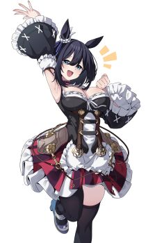 1girl :d animal_ears armpits black_hair black_sleeves black_thighhighs blue_eyes breasts choker cleavage commentary detached_sleeves dirndl ear_scrunchie eishin_flash_(meisterschaft)_(umamusume) eishin_flash_(umamusume) foot_out_of_frame german_clothes hair_between_eyes highres horse_ears horse_girl long_sleeves looking_at_viewer noiimad open_mouth scrunchie short_hair simple_background smile thighhighs umamusume white_background white_scrunchie