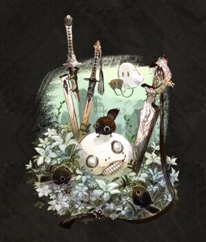 artist_name bird black_background black_bird commentary company_connection drag-on_dragoon drag-on_dragoon_3 emil_(nier) flower ghost lunar_tear mama_(nier) neskybo nier nier:automata nier_(series) nier_reincarnation no_humans planted planted_sword planted_weapon simple_background solid_circle_pupils sword virtuous_contract virtuous_treaty weapon white_flower