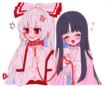 2girls anger_vein angry animal_collar black_hair bow bowtie closed_eyes collar collared_shirt commentary_request facing_viewer frilled_shirt_collar frilled_sleeves frills fujiwara_no_mokou grey_hair hair_bow heart holding holding_leash houraisan_kaguya leash long_hair long_sleeves multiple_girls open_mouth paint_chat_(medium) pink_shirt red_collar red_eyes shirt smile suspenders tamiko_(tamik0224) touhou very_long_hair white_bow white_bowtie white_shirt wide_sleeves yuri