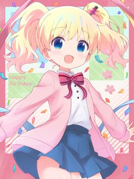 Rule 34 | 1girl, :d, absurdres, alice cartelet, birthday, blonde hair, blue eyes, blue skirt, blush, bow, bowtie, cardigan, cartelet cocoa, check commentary, collared shirt, commentary request, cowboy shot, eyebrows hidden by hair, hair between eyes, hair ornament, happy birthday, highres, kin-iro mosaic, long hair, long sleeves, looking at viewer, miniskirt, open cardigan, open clothes, open mouth, pink background, pink bow, pink cardigan, pleated skirt, ribbon, school uniform, shirt, sidelocks, skirt, sleeves past wrists, smile, solo, standing, striped bow, striped bowtie, striped clothes, twintails, white shirt