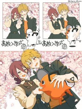 1boy 1girl animal blonde_hair blush bow chainsaw chainsaw_man cherry_blossoms couple demon denji_(chainsaw_man) dress flower fourth_wall green_eyes highres holding holding_animal miri_(cherryjelly) orange_shirt pink_hair pochita_(chainsaw_man) red_eyes reze_(chainsaw_man) school_uniform shirt tree v