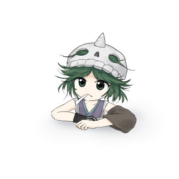 1other androgynous bare_shoulders black_gloves bone brown_sleeves closed_mouth collarbone commentary_request cropped_torso detached_sleeves dot_nose fang fang_out frown gloves green_eyes green_hair hair_through_headwear hat highres japanese_clothes kimono kitsugai_sese kuroda_(kurota_ne) len'en long_sleeves looking_at_viewer messy_hair mouth_hold official_style other_focus purple_kimono shadow short_hair simple_background single_bare_arm single_detached_sleeve single_glove skeleton_print skull-shaped_hat sleeveless sleeveless_kimono solo white_background white_hat wide_sleeves