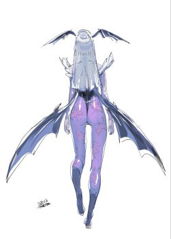 1girl animal_print ass bat_print bat_wings breasts capcom darkstalkers demon_girl green_hair hashtag-only_commentary head_wings highleg highleg_leotard highres large_breasts leotard long_hair morrigan_aensland pantyhose print_pantyhose purple_pantyhose solo tombiiwa wings