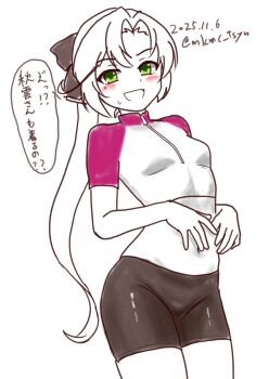 Rule 34 | 1girl, akigumo (kancolle), alternate costume, bike shorts, black shorts, blush, commentary request, dated, dot nose, green eyes, hair ribbon, highres, kantai collection, long hair, looking at viewer, mole, mole under eye, navel, ponytail, raglan sleeves, rash guard, ribbon, shorts, smile, solo, spot color, standing, tasogare yanio, translation request, twitter username