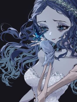 1girl bare_shoulders black_background blue_butterfly blue_eyes blue_gloves blue_hair blue_skin breasts bug butterfly butterfly_on_hand cleavage closed_mouth colored_skin corpse_bride dress emily_(corpse_bride) fingerless_gloves floating_hair gloves highres insect long_hair looking_down medium_breasts okubatomaeba parted_bangs simple_background single_glove skeletal_arm solo strapless strapless_dress undead upper_body white_dress