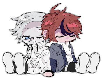2boys ahoge aotsuki_eito back-to-back black_gloves black_pants black_streaks blue_eyes breast_pocket chibi chibi_only commentary_request drooling glasses gloves grey_hair grey_jacket grey_outline hood hoodie jacket jacket_over_hoodie looking_at_another male_focus mouth_drool multicolored_hair multiple_boys muro_(nrvc5252) one_eye_closed open_clothes open_jacket outline pants pocket red_hair semi-rimless_eyewear shoes short_hair simple_background sitting sleeping streaked_hair sumino_takumi the_hundred_line_-last_defense_academy- two-tone_hair white_background white_hoodie white_jacket white_pants white_shoes