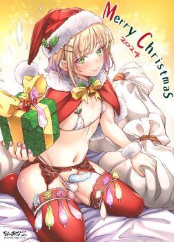 1boy artist_name bell bikini bra capelet chinanago7010 cloak commentary_request condom condom_on_penis dress fur-trimmed_capelet fur_trim gift green_eyes hair_ornament hairclip hat highres holding holding_gift jingle_bell looking_at_viewer merry_christmas mistletoe neck_bell original penis red_cloak red_thighhighs sack santa_costume santa_dress santa_hat sitting solo swimsuit thighhighs trap underwear used_condom wariza wrist_cuffs