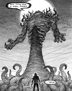 2019 2boys animal_ears battle black_hair black_sclera body_horror bright_pupils cat cat_ears colored_sclera commentary crossover dated dual_wielding eldritch_abomination english_commentary english_text evil_smile garfield garfield_(character) graphite_(medium) greyscale gun handgun highres holding horror_(theme) john_wick john_wick_(character) jr_(jarsarts) looking_at_another looking_down medium_hair monochrome multiple_boys sharp_teeth simple_background sketch smile speech_bubble spikes stare_down sun suppressor teeth tentacles traditional_media weapon what white_pupils