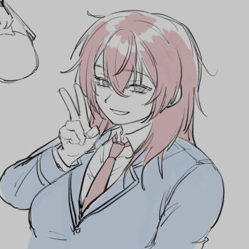 1girl blue_jacket breasts collared_shirt commentary english_commentary ensemble_stars! genderswap genderswap_(mtf) grey_background gujidoka hair_between_eyes hand_up highres jacket lapels long_hair medium_breasts necktie notched_lapels plump portrait purple_eyes red_hair red_necktie school_uniform shirt sketch smile solo suou_tsukasa v white_shirt yumenosaki_school_uniform