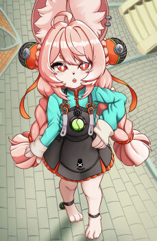 1girl absurdres ahoge animal_ear_fluff animal_ear_piercing animal_ears blush braid bright_pupils commentary english_commentary furry furry_female hair_ornament highres long_hair looking_at_viewer open_mouth piercing pink_fur pink_hair rabbit_ears rabbit_girl red_eyes shirt short_eyebrows solo thick_eyebrows twin_braids user_ewup4485 white_pupils zenless_zone_zero zhao_(zenless_zone_zero)