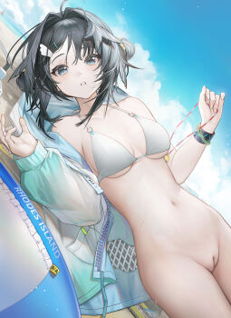 2girls absurdres antenna_hair arknights bare_shoulders beach bikini bikini_top_only black_eyes black_hair blue_pupils blue_sky breasts cameo censored chinese_commentary cleft_of_venus cloud commentary_request day double_bun dutch_angle feather_hair frilled_bikini frills gradient_clothes gradient_jacket hair_bun hair_intakes hair_ornament hand_up highres holding holding_jewelry holding_necklace infection_monitor_(arknights) irvinetope jacket jewelry la_pluma_(arknights) la_pluma_(summer_flowers)_(arknights) large_variant_set light_particles long_hair long_sleeves looking_at_viewer lying medium_breasts mosaic_censoring multiple_girls navel necklace o-ring o-ring_bikini o-ring_top official_alternate_costume on_back on_ground open_clothes open_jacket outdoors parted_lips pussy sidelocks sky solo_focus stomach sunlight sussurro_(arknights) sussurro_(summer_flower)_(arknights) swim_ring swimsuit thighs underboob unzipped variant_set white_bikini windbreaker