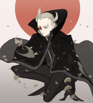 Rule 34 | 1boy, black cloak, black coat, black gloves, black pants, black shoes, blonde hair, cloak, coat, facing to the side, ghetsis (pokemon), gloves, hair slicked back, hand on ground, high collar, highres, kneeling, leaf, light particles, looking down, male focus, nintendo, on one knee, pants, partially unbuttoned, pokemon, pokemon bw2, red eyes, scouter, shoes, uenoike (194753), white background, wind