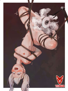 1girl ahegao arms_behind_back barefoot bdsm black_clover blush bondage bound bound_arms bound_legs breasts crying crying_with_eyes_open edging feathers female_focus arms_behind_back highres nipples noelle_silva nude open_mouth orgasm_denial predicament_bondage pussy_juice restrained small_breasts solo spread_legs suspended suspension sweat tagme tears tickle_torture tickling tickling_pussy twintails upside-down white_hair yeougui