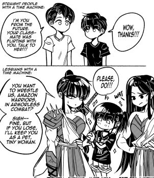 Rule 34 | 2boys, 3girls, amazon warrior, armor, breasts, commentary, corrupted twitter file, emo-girl (grs-), english commentary, english text, greyscale, grs-, highres, large breasts, long hair, monochrome, multiple boys, multiple girls, no mouth, original, pauldrons, short hair, shoulder armor, shoulder spikes, single pauldron, sparkle, spikes, sweatdrop, weapon, weapon on back, yuri