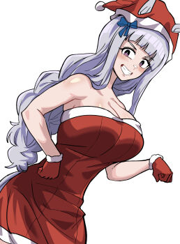 1girl animal_ears bare_arms bare_shoulders blue_bow blush bow braid breasts christmas cleavage commentary_request dinoyhs dress ears_through_headwear fur-trimmed_gloves fur_trim gloves gold_ship_(umamusume) grey_hair grin hair_bow hat highres horse_ears horse_girl horse_tail korean_commentary large_breasts long_hair looking_at_viewer purple_eyes red_dress red_gloves red_hat santa_costume santa_hat simple_background smile solo strapless strapless_dress tail umamusume very_long_hair white_background