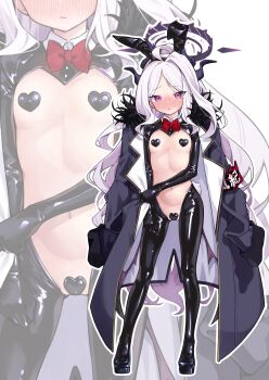 1girl absurdres alternate_costume animal_ears black_shoes black_shrug black_sleeves blue_archive blush bodysuit bow breasts dame_na_hito_(damenahidou) fake_animal_ears full_body halo heart heart_panties heart_print highres hina_(blue_archive) latex latex_bodysuit loli long_hair long_sleeves looking_at_viewer navel panties pasties print_panties purple_halo rabbit_ears red_bow reverse_bunnysuit reverse_outfit shoes shrug_(clothing) small_breasts solo straight-on underwear white_background white_hair