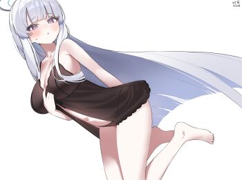 Rule 34 | 1girl, bare legs, bare shoulders, black panties, blue archive, breasts, commentary request, feet, halo, highres, korean commentary, large breasts, long hair, looking at viewer, myeolchi, navel, nightgown, noa (blue archive), panties, purple eyes, see-through clothes, signature, simple background, solo, thighs, underwear, white background, white hair