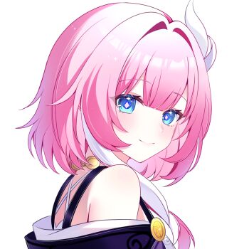 1girl blue_eyes coat cyrene_(aedes_elysiae)_(honkai:_star_rail) cyrene_(honkai:_star_rail) from_side hair_ornament highres honkai:_star_rail honkai_(series) looking_at_viewer multicolored_hair pink_hair purple_coat short_hair smile solo su_jiujiu transparent_background two-tone_hair upper_body white_hair