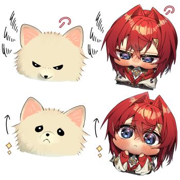 1girl ange_katrina ange_katrina_(1st_costume) animal arrow_(symbol) blue_eyes blush chibi chibi_only closed_mouth coat commentary_request cropped_torso dog double-parted_bangs fluffy_white_puppy_expressions_(meme) frown hair_between_eyes hair_intakes hair_ornament hands_up harumina_mau highres long_sleeves meme nijisanji puff_of_air red_hair red_sweater short_hair simple_background sparkle sweater v-shaped_eyebrows virtual_youtuber white_background white_coat wide_sleeves yurie_mouth