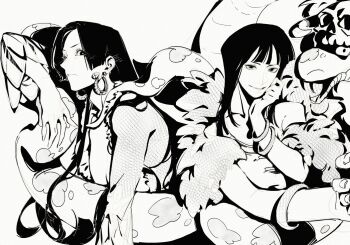 2026 2girls amazon_warrior animal bangle black_hair blunt_bangs boa_hancock bracelet capelet commentary_request earrings fur_capelet greyscale hebi_utage jewelry long_hair looking_at_viewer monochrome multiple_girls nico_robin nico_robin_(elbaf) official_alternate_costume one_piece salome_(one_piece) simple_background snake snake_earrings white_background