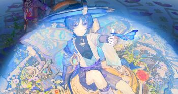 2boys analog_clock anemo_symbol_(genshin_impact) aqua_kimono aqua_sleeves arm_at_side armor bell belt black_belt black_bodysuit black_bow black_eyes black_hair black_kimono black_shorts black_sleeves black_socks blue_cape blue_hat blunt_ends bodysuit bow bridal_gauntlets bug butterfly butterfly_wings cape clock covered_collarbone doll_joints dterl dual_persona feathers flower genshin_impact gold grass hakama hakama_shorts han&#039;eri hand_on_own_hip hat head_out_of_frame highres insect insect_wings japanese_armor japanese_clothes jingasa joints kimono kote kurokote layered_clothes layered_kimono layered_sleeves leg_warmers mitsudomoe_(shape) multiple_boys o-ring open_clothes open_kimono pectorals picture_frame plant pleated_shorts pom_pom_(clothes) purple_flower purple_rope purple_sash purple_sleeves red_kimono rope sash scaramouche_(genshin_impact) see-through_clothes see-through_veil shimenawa short_sleeves shorts shoulder_peek sitting sitting_on_clock socks spotlight tassel tomoe_(symbol) turtleneck turtleneck_bodysuit veil vision_(genshin_impact) wanderer_(genshin_impact) white_flower white_kimono white_leg_warmers white_rope white_sleeves white_trim wings yellow_feathers