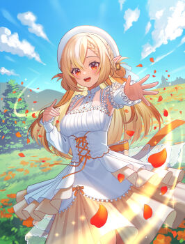 1girl :d blonde_hair breasts commentary_request cowboy_shot cross-laced_clothes cross-laced_dress detached_sleeves dress elf frilled_sleeves frills hat hololive imahuku long_hair medium_breasts multicolored_hair open_mouth outdoors petals pointy_ears shiranui_flare smile solo standing streaked_hair tree virtual_youtuber white_dress white_hat yellow_dress