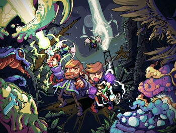 2boys @_@ arm_up backpack bag beard bird black_boots black_eyes black_pants blush blush_stickers bone boots brown_eyes brown_hair bug cable clenched_teeth dutch_angle electricity facial_hair finger_on_trigger firing full_beard full_body full_moon gun handgun highres holding holding_gun holding_weapon iwse_zhang jacket laser long_sleeves male_focus moon multiple_boys mushroom mustache night official_art open_mouth outdoors outstretched_arm pants purple_jacket radar_dish red_shoes rogue_voltage shoes short_hair slopper_jackson slopper_johnson standing swept_bangs teeth weapon