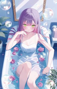 1girl absurdres alternate_costume artist_name bare_arms bare_legs bare_shoulders bathroom box breasts chair cleavage closed_mouth clothed_bath commentary_request dot_nose dress elbow_rest feet_out_of_frame flower green_eyes green_nails highres hololive in_bathtub indoors long_hair looking_at_viewer lying mirror multicolored_hair nail_polish on_back petals pink_flower pink_hair pink_petals pink_rose plant pointy_ears potted_plant purple_hair rose rose_petals sleeveless sleeveless_dress small_breasts soap_bubbles solo tile_floor tile_wall tiles tokoyami_towa two-tone_hair virtual_youtuber water wet white_dress yuzuriha_(nx_e78)