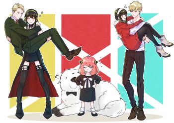 1boy 2girls ahoge anya_(spy_x_family) black_dress black_hair black_thighhighs blush bond_(spy_x_family) boots carrying child closed_eyes collarbone commentary_request dog dress earrings eyelashes formal_clothes green_jacket hairpods hands_on_own_hips high_heel_boots high_heels highres jacket jewelry lifting_person long_hair looking_at_viewer multiple_girls musical_note necktie open_mouth pink_hair princess_carry red_eyes red_necktie reverse_princess_carry sidelocks smile spy_x_family sweatdrop thighhighs twilight_(spy_x_family) two-sided_fabric umini_ikukara undercut yor_briar