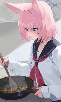 1girl absurdres animal_ear_fluff animal_ears black_sailor_collar blue_archive blue_eyes blue_halo commentary_request cooking evening_rabbit food fox_ears fox_girl frying_pan halo highres holding holding_frying_pan neckerchief niko_(blue_archive) pink_hair red_neckerchief sailor_collar school_uniform shaded_face short_hair solo spatula stove