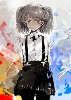 1girl arms_behind_back black_pantyhose black_skirt brown_eyes closed_mouth collared_shirt colorful_background cowboy_shot custom_(cus-tom) grey_hair kantai_collection looking_at_viewer pantyhose ryuujou_(kancolle) shirt skirt solo suspender_skirt suspenders twintails white_shirt