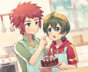 Rule 34 | 2boys, ahoge, appmon, apron, bag, blue eyes, blush, cake, chocolate cake, commentary request, cream, cream on face, digimon, digimon universe: appli monsters, food, food on face, gatchmon, goggles, goggles on head, goggles on headwear, green eyes, green hair, green jacket, highres, holding, holding plate, hood, hoodie, jacket, kitchen, ladle, long sleeves, looking at another, lulu hane, magnifying glass, male focus, multiple boys, offmon, open mouth, oven, oversized clothes, ozora yujin, paper bag, plate, red hair, red hoodie, shinkai haru, smile, spatula, stove, window, yaoi