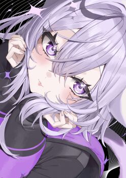 1girl :p absurdres black_hoodie closed_mouth copyright_request dutch_angle hair_between_eyes hands_up highres hood hood_down hoodie kamioka_shun&#039;ya long_sleeves looking_at_viewer nail_polish pink_nails puffy_long_sleeves puffy_sleeves purple_eyes purple_hair sleeves_past_wrists smile solo tongue tongue_out upper_body