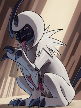 absol animal_penis animal_sexualization bright_pupils cum cum_on_body erection facial gen_3_pokemon highres katahane3 knotted_penis licking licking_cum nintendo no_humans penis pokemon red_eyes sitting uncensored white_fur white_pupils yaoi