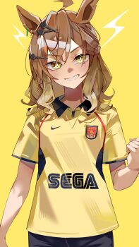 Rule 34 | 1girl, absurdres, ahoge, animal ears, arsenal fc, black shorts, braid, brown hair, clenched hand, commentary, commission, cowboy shot, crossed bangs, ear ornament, ear piercing, flat chest, grin, hair between eyes, hair ornament, hairclip, half up braid, highres, horse ears, horse girl, jungle pocket (umamusume), looking at viewer, medium hair, nike (company), notched ear, piercing, premier league, sega, shafpng, shirt, short sleeves, shorts, sidelocks, simple background, smile, soccer uniform, solo, sportswear, standing, teeth, umamusume, white background, yellow background, yellow eyes, yellow shirt