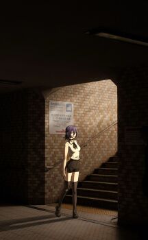 1girl black_choker black_ribbon black_shoes black_shorts black_thighhighs brick_wall chainsaw_man choker collared_shirt commentary full_body green_eyes hair_between_eyes hair_bun highres indoors long_hair_between_eyes moti1250 neck_ribbon open_mouth reze_(chainsaw_man) ribbon shirt shoes shorts sign single_hair_bun sleeveless sleeveless_shirt solo stairs standing subway subway_station thighhighs white_shirt zettai_ryouiki