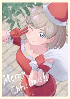 Rule 34 | 1girl, absurdres, alternate costume, blue eyes, blush, brown hair, feet out of frame, gloves, gomadare4869, hat, highres, holding, holding sack, looking at viewer, love live!, love live! superstar!!, medium hair, merry christmas, one eye closed, red gloves, sack, santa costume, santa hat, smile, solo, standing, tang keke, v