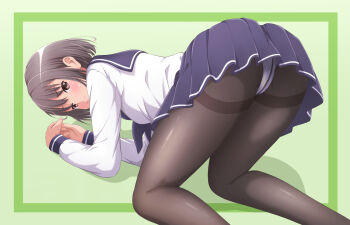 1girl akippoi_0919 all_fours black_pantyhose brown_eyes brown_hair crotch_seam highres original panties panties_under_pantyhose pantyhose school_uniform serafuku short_hair thighband_pantyhose underwear