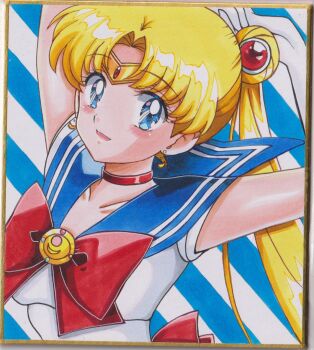 1girl bishoujo_senshi_sailor_moon blonde_hair blue_eyes blue_sailor_collar blue_skirt bow breasts chikoto_(kztc4472) choker collarbone commentary double_bun earrings elbow_gloves gloves hair_bun hair_ornament highres jewelry long_hair looking_at_viewer magical_girl open_mouth red_bow red_choker sailor_collar sailor_moon sailor_senshi_uniform skirt smile solo traditional_media tsukino_usagi twintails white_gloves