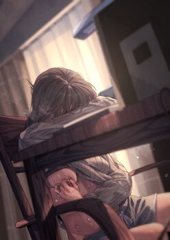 1girl absurdres breasts commentary_request female_masturbation highres huyunokure indoors masturbation medium_breasts nipple_stimulation nipple_tweak original shorts sitting solo sweat sweater textless_version